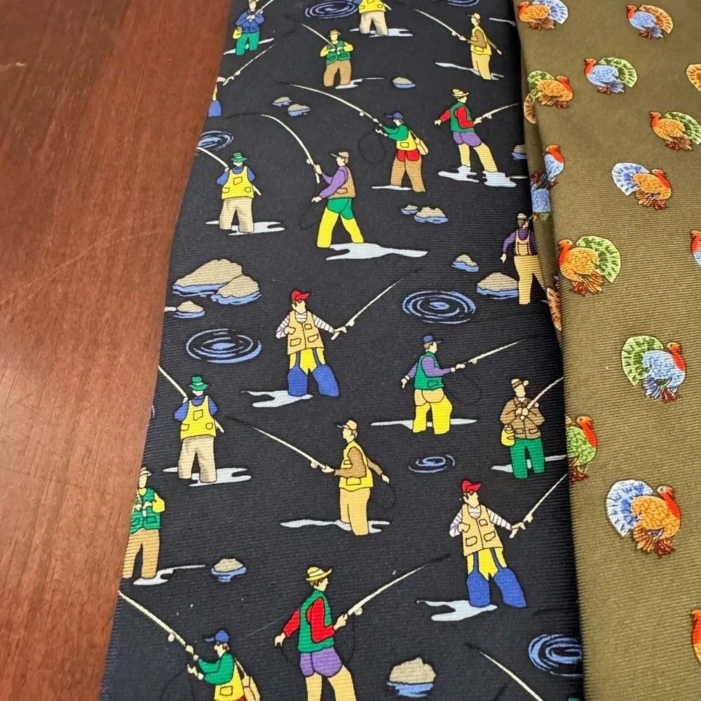 3 Men’s Novelty Tie Lot Neckwear Pig Turkey Fishing Animal Collectible Neckties